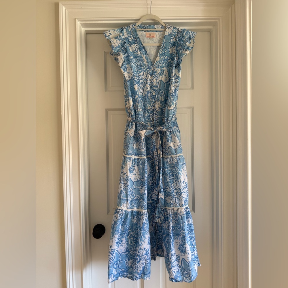Smockingbird Blue and White Floral Maxi Dress